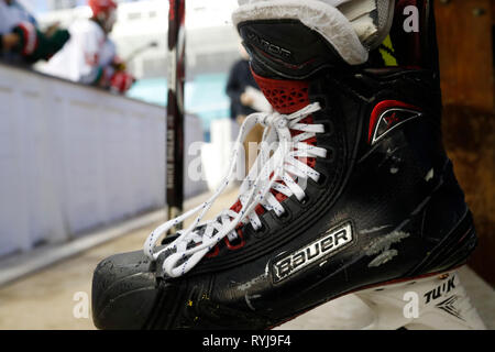Eishockey. Player und Eislaufen. Close-up. Saint-Gervais. Frankreich. Stockfoto