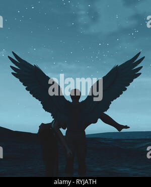 Bis dass der Tod uns scheidet, 3d-Darstellung eines Engel im Himmel landen, Mixed Media für Buchillustration oder Buch Cover Stockfoto