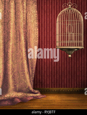 3D-Illustration grafik hintergrund einer Einrichtung mit einem Vogelkäfig und Vorhänge Stockfoto