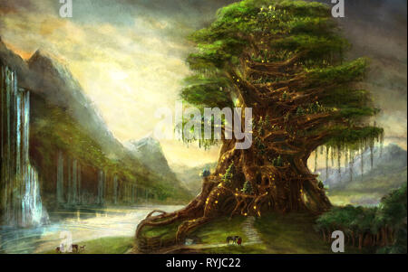 3D-Illustration fantasy Grafik Hintergrund ein großer Baum mit einem See Stockfoto