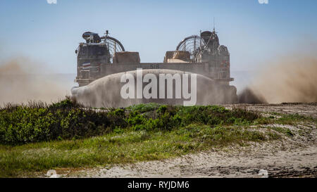 190223-M-ET 529-0016 CAMP PENDELTON, CALIF. (Feb. 23, 2019) eine Landing Craft, Luftkissen mit der 11 Marine Expeditionary Unit (MEU), landet auf der Marine Corps Base Camp Pendleton, Calif. Die Marinesoldaten und Matrosen der 11 MEU Durchführung sind routinemäßige Vorgänge als Teil der Boxer Amphibious Ready Gruppe. (U.S. Marine Corps Foto von Lance Cpl. Israel Chincio) Stockfoto