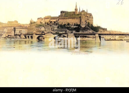 Albrechtsburg und Meißner Dom, der Elbe in Meißen, Lastkähne von Deutschland, Gebäude in Meißen, Meißen Altstadtbrücke, 1897, Meißen, Burgberg mit Albrechtsburg und Dom, Elbe mit Brücke Stockfoto