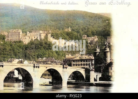 Nördlich von Schloss Heidelberg, Neckar in Heidelberg Alte Brücke (Heidelberg), Gebäude in Heidelberg-Altstadt, 1898, Baden-Württemberg, Heidelberg, Neckarbrücke und Schloß Stockfoto