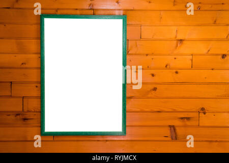 Mockup Plakat mit grünen Rahmen im Innenraum auf vintage Holz Wand Stockfoto