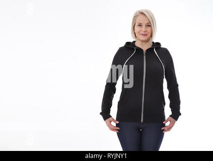 Shirt Design und Fashion Concept - junge Frau in Sweatshirt vorne und hinten, schwarz Hoodies, leer auf weißem Hintergrund. Mock up Stockfoto