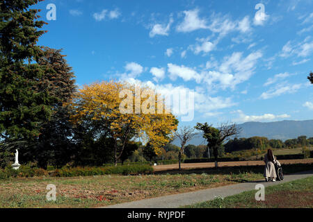 Die Visitation Kloster. Den Garten. Ederly Nonne im Rollstuhl. Frankreich. Stockfoto