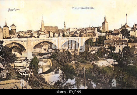 Historische skylines in Bautzen, Historische Bilder der Friedensbrücke (Bautzen), Spree in Bautzen, 1910, Landkreis Bautzen, Bautzen, Kronprinzenbrücke, Deutschland Stockfoto