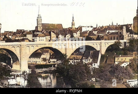 Historische Bilder der Friedensbrücke (Bautzen), Spree in Bautzen, 1910, Landkreis Bautzen, Bautzen, Kronprinzenbrücke, Deutschland Stockfoto