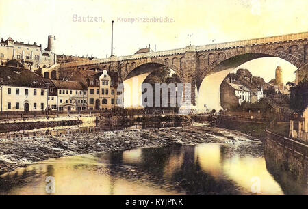 Historische Bilder der Friedensbrücke (Bautzen), Spree in Bautzen, 1910, Landkreis Bautzen, Bautzen, Kronprinzenbrücke, Deutschland Stockfoto