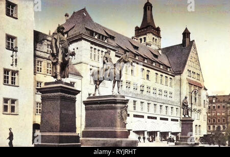 Rathäuser in Chemnitz, Statuen von Otto von Bismarck in Sachsen, Pferdesport, Statuen von Wilhelm I. von Deutschland, Moltke - Denkmäler, Gebäude in Chemnitz, 1911, Chemnitz, Neues Rathaus, Denkm. Kaiser Wilhelms, Moltkes, Bismarcks Stockfoto