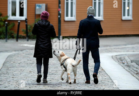 Paar auf der Straße mit dem Hund. Trondheim. Norwegen. Stockfoto