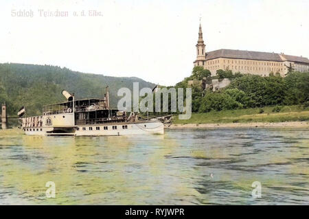 Elbe in Děčín, Děčín Schloss, unbekannter Dampfer, Kaiserin Elisabeth Brücke in Děčín 1911, Aussig, Tetschen, Schloß und Elbe mit Oberdeckdampfer, Tschechische Republik Stockfoto