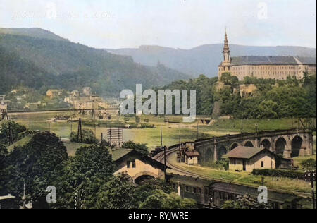 In Děčín, Schloss, Elbe in Děčín, Kaiserin Elisabeth Brücke in Děčín, der Trainer der Tschechischen Republik, Brücken in Děčín 1911, Aussig, Bodenbach Stockfoto