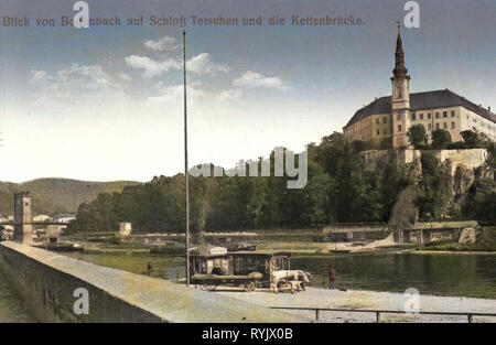 In Děčín, Schloss, Elbe in Děčín, Kaiserin Elisabeth Brücke in Děčín 1911, Aussig, Bodenbach, Schloß Tetschen, Tschechische Republik Stockfoto