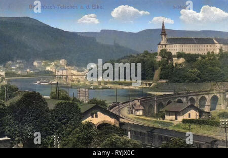 Brücken in Děčín, Kaiserin Elisabeth Brücke in Děčín, Děčín Schloss, Elbe in Děčín, der Trainer der Tschechischen Republik 1911, Aussig, Bodenbach, Schloß Stockfoto