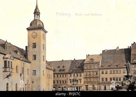 Rathäuser im Landkreis Mittelsachsen, Brunnendenkmal in Freiberg (Sachsen), Obermarkt (Freiberg, Sachsen), Gebäude in Freiberg (Sachsen), 1911, Landkreis Mittelsachsen, Freiberg, Markt und Rathaus, Deutschland Stockfoto