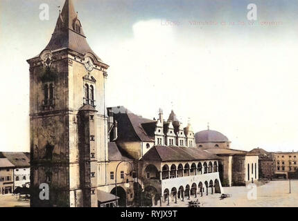 Levoča Rathaus, Evangelisch-lutherische Kirche (Levoča) 1911, Region Prešov, Löcse Varoshaza, es az Ag. Ev. templom Stockfoto
