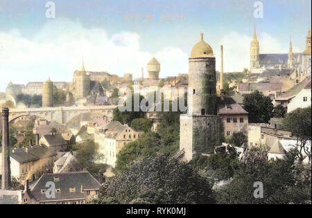 Kirchen in Bautzen, in Bautzen, historische Bilder von Alte Wasserkunst, Historische Bilder der Friedensbrücke (Bautzen), 1913, Landkreis Bautzen, Bautzen, Deutschland Stockfoto