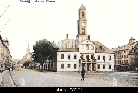 Kirchen in Rochlitz, Gebäude in Rochlitz, Marktplätze im Landkreis Mittelsachsen, Rathäusern im Landkreis Mittelsachsen, 1913, Landkreis Mittelsachsen, Rochlitz, Markt, Deutschland Stockfoto