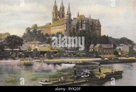 Albrechtsburg und Meißner Dom, der Elbe in Meißen, Raddampfer von Sachsen, 1913, Meißen, Albrechtsburg und Dom, Elbe mit Schlepper, Deutschland Stockfoto