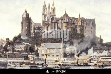 Albrechtsburg und Meißner Dom, der Elbe in Meißen, Raddampfer von Sachsen, 1913, Meißen, Albrechtsburg und Dom, Elbe mit Schleppern, Deutschland Stockfoto