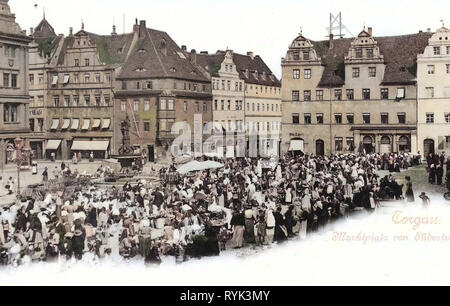 Märkte in Sachsen, Wasser Brunnen in Sachsen, Marktplätze im Landkreis Nordsachsen, Markt (Torgau), 1901, Landkreis Nordsachsen, Torgau, Marktplatz, Deutschland Stockfoto