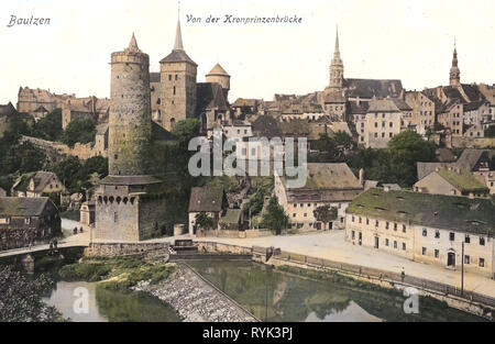 Scharfenwegbrücke, Historische Bilder der Friedensbrücke (Bautzen), Spree in Bautzen, Wassertürme in Bautzen in Bautzen, Kirchen, Gebäude in Bautzen, 1914, Landkreis Bautzen, Bautzen, Bautzen von der Kronprinzenbrücke, Deutschland Stockfoto