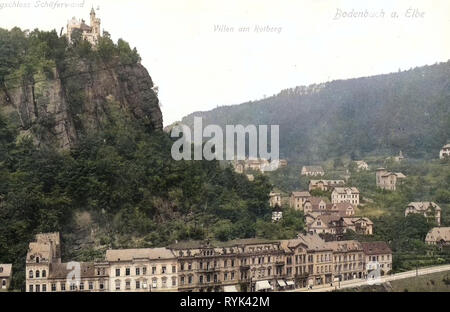 Villen in Děčín, Pastýřská stěna, Gebäude in Děčín, 1914, Aussig, Bodenbach, Schäferwand Bergschloß, Villen am Rotberg, Tschechische Republik Stockfoto