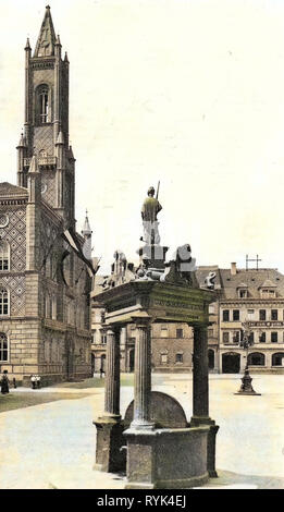 Rathäuser in Kamenz, Gebäude in Kamenz, Marktplätze in Sachsen, Andreasbrunnen (Kamenz), 1914, Landkreis Bautzen, Stadtapotheke (Kamenz), Kamenz, Markt mit Andreasbrunnen, Deutschland Stockfoto