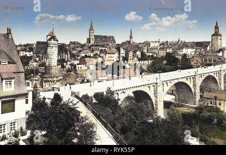 Historische Bilder der Friedensbrücke (Bautzen), Historische skylines in Bautzen, Spree in Bautzen, 1915, Landkreis Bautzen, Bautzen, Kronprinzenbrücke, Deutschland Stockfoto