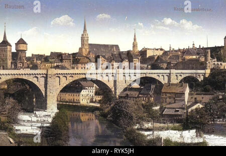Historische Bilder der Friedensbrücke (Bautzen), Spree in Bautzen, 1916, Landkreis Bautzen, Bautzen, Kronprinzenbrücke, Deutschland Stockfoto