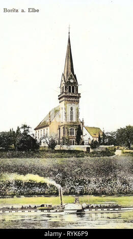 Elbe in Sachsen, Kirchen im Landkreis Meißen, Dampfschiffen Franz Josef, 1918, Landkreis Meißen, Boritz, Kirche, Elbe, mit Dampfer Kaiser Franz Josef, Deutschland Stockfoto