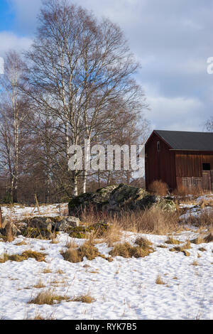 Die alten hölzernen Gebäude auf dem Hintergrund des blauen Himmels, Winter, Baum Stockfoto