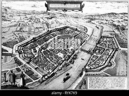 Geographie/Reisen, Deutschland, Frankfurt am Main, Aussicht, Kupferstich von Georg Braun und Frans Hogenberg, "Civitates Orbis Terrarum", 1582, Additional-Rights - Clearance-Info - Not-Available Stockfoto