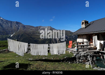 Die französischen Alpen. Handwerkliche Beaufort Käse Fabrik auf Almen. Peisey Nancroix. Frankreich. Stockfoto