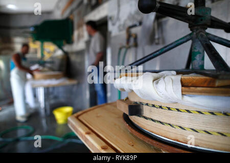 Die französischen Alpen. Handwerkliche Beaufort Käse Werk. Die verwendete Milch stammt aus der Tarine Kühe, die in der hohen Weiden grasen. Die Taste drücken. Peisey Nancroix Stockfoto