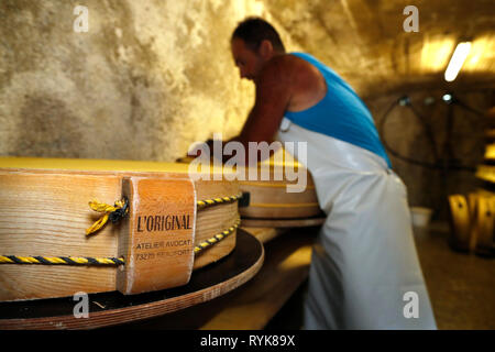 Die französischen Alpen. Handwerkliche Beaufort Käse Werk. Die verwendete Milch stammt aus der Tarine Kühe, die in der hohen Weiden grasen. Peisey Nancroix. Frankreich. Stockfoto