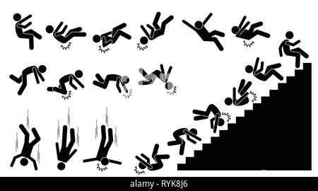 Mann fallen und Holzeinschlag nach unten. Das Piktogramm zeigt eine Person nach unten fallen und auf verschiedene Teile des Körpers zu klopfen. Die Verletzungen sind auf der Rückseite, Winkelstück, Kopf, Knie Stock Vektor