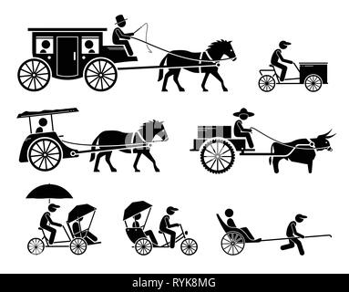 Einstellen der traditionellen, alten und antiken Boden Beförderungen. Piktogramme zeigen dokar, dogcart, Pferdekutsche Auto, cargo Fahrrad, Ochsenkarren, trisha Stock Vektor