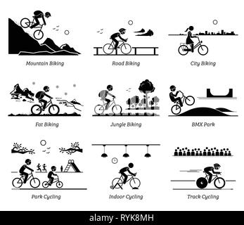 Radfahrer Radfahren und Reiten Fahrrad in verschiedenen Orten. Piktogramme zeigen Bike am Berg, Straße, Stadt, Eis, Dschungel, BMX, Park, Hallenbad und verfolgen. Stock Vektor