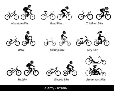 Art der Fahrräder und Fahrer. Piktogramme zeigen Berg, Straße, Triathlon, Falten, BMX, City-, Fett-, Elektro-, und Liegeräder, mit und ohne Stock Vektor