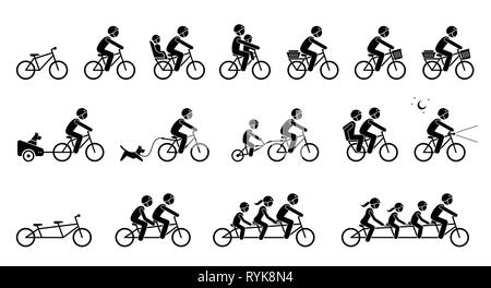 Fahrrad Zubehör und Ausstattungen. Piktogramme zeigt Art von Fahrrad anhängen, Sitze, Getriebe und Teile für Erwachsene, Kind, Haustier Hund und Familie. Tan Stock Vektor