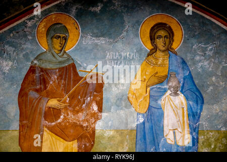 Fresko in der griechisch-orthodoxen Kirche der Mariä Verkündigung, Nazareth, Israel. Maria Magdalena und anderen Heiligen. Stockfoto