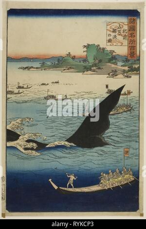 Bild eines Wals Jagd bei Goto, Hizen Province (hizen Goto geiryo nicht zu), aus der Serie "Hundert berühmten Blick in den verschiedenen Provinzen (Shokoku meisho hyakkei)". Utagawa Hiroshige II (shigenobu); Japanisch, 1826-1869. Datum: 1859. Abmessungen: . Farbe holzschnitt. Herkunft: Japan. Museum: Das Chicago Art Institute, Chicago, USA. Stockfoto