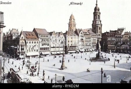 Altmarkt, Dresden vor 1945, Straßenbahnen in Dresden, Pferdekutschen in Deutschland, Germaniadenkmal in Dresden, Neues Rathaus, Dresden, Häuser in Dresden, 1915, Innere Altstadt Stockfoto