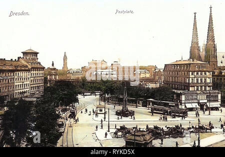 Postplatz, Dresden, Sophienkirche (Dresden), Pferdekutschen in Deutschland, Cholerabrunnen, Straßenbahnen in Dresden, Zwinger, Kronentor (Zwinger, Dresden), ehemaliges Heizkraftwerk Dresden, Altstadt, 1915 Stockfoto