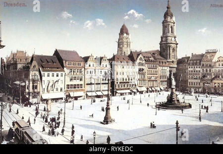 Altmarkt, Dresden vor 1945, Straßenbahnen in Dresden, Germaniadenkmal in Dresden, Neues Rathaus, Dresden, Häuser in Dresden, Pferdekutschen in Deutschland, 1915, Kreuzkirche (Dresden Stockfoto