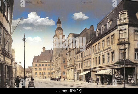 Gebäude in Döbeln, Geschäfte in Sachsen, Rathaus in Döbeln, Schlegelbrunnen, 1915, Landkreis Mittelsachsen, Döbeln Obermarkt, Deutschland Stockfoto