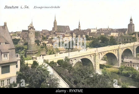 Historische Bilder der Friedensbrücke (Bautzen), Spree in Bautzen, 1915, Landkreis Bautzen, Bautzen, Bautzen mit Kronprinzenbrücke, Deutschland Stockfoto