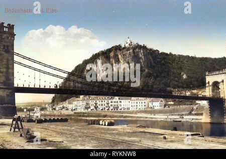 Elbe in Děčín, Kaiserin Elisabeth Brücke in Děčín, Gebäude in Děčín, Pastýřská stěna, 1912, Aussig, Bodenbach, Brücke, Tschechische Republik Stockfoto